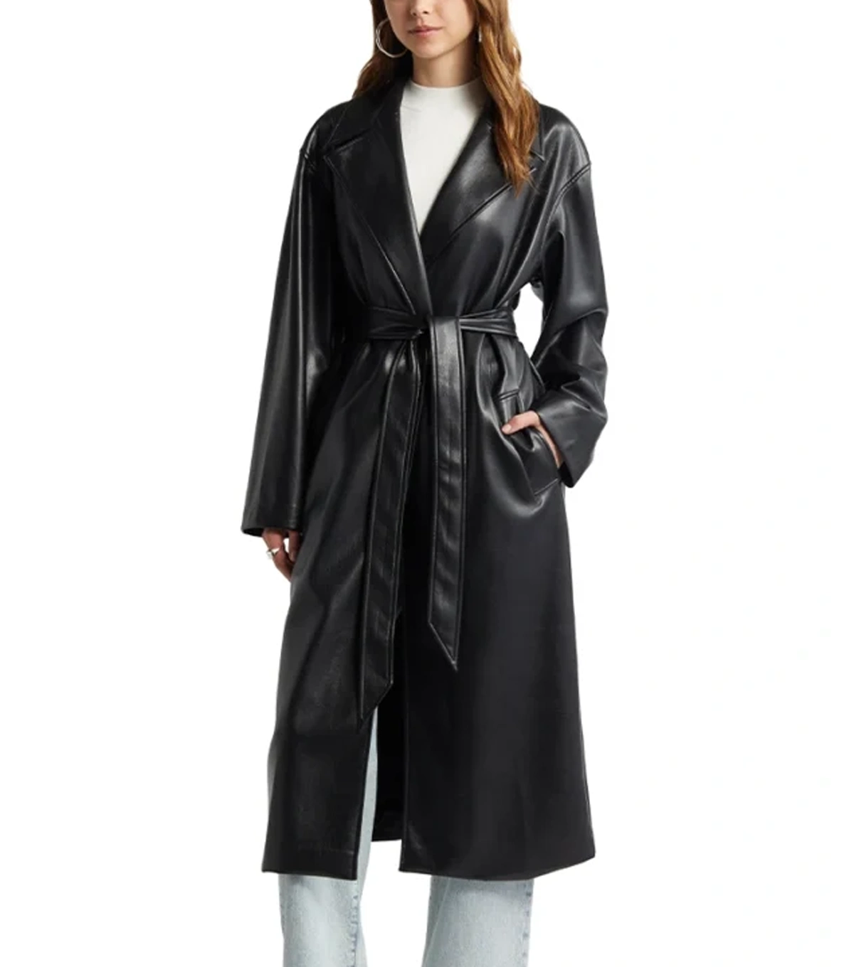 Nora Womens Belted Style Black Leather Long Coat