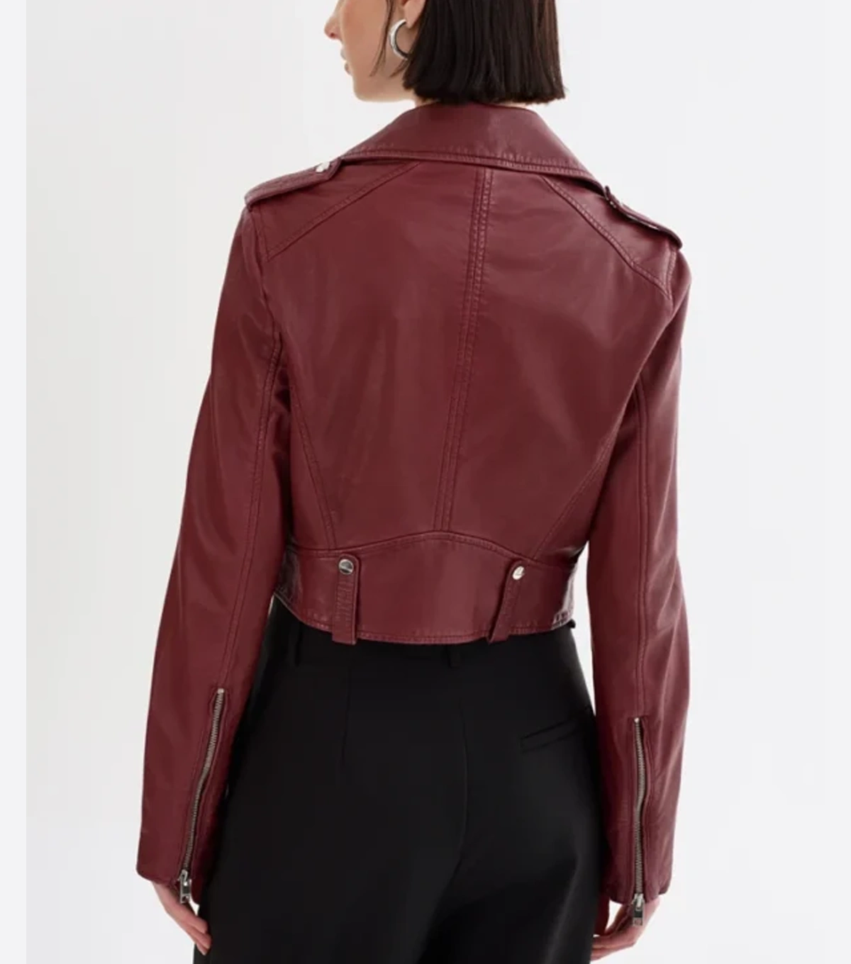 Reece Womens Burgundy Biker Real Lambskin Leather Jacket - Image 4