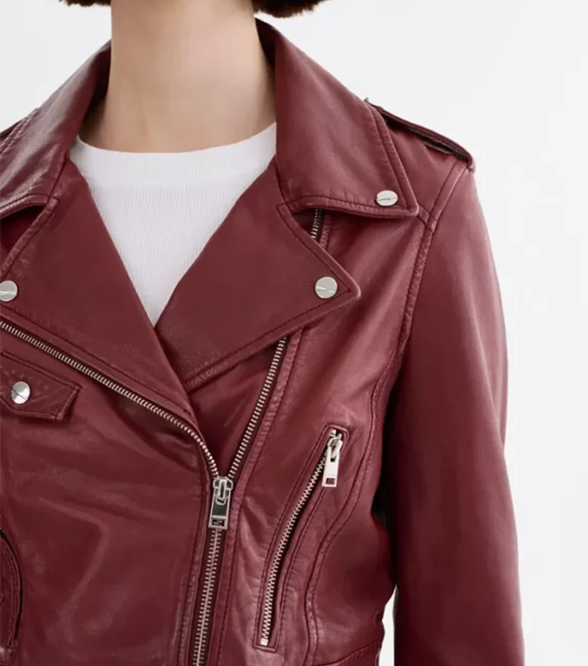 Reece Womens Burgundy Biker Real Lambskin Leather Jacket - Image 3