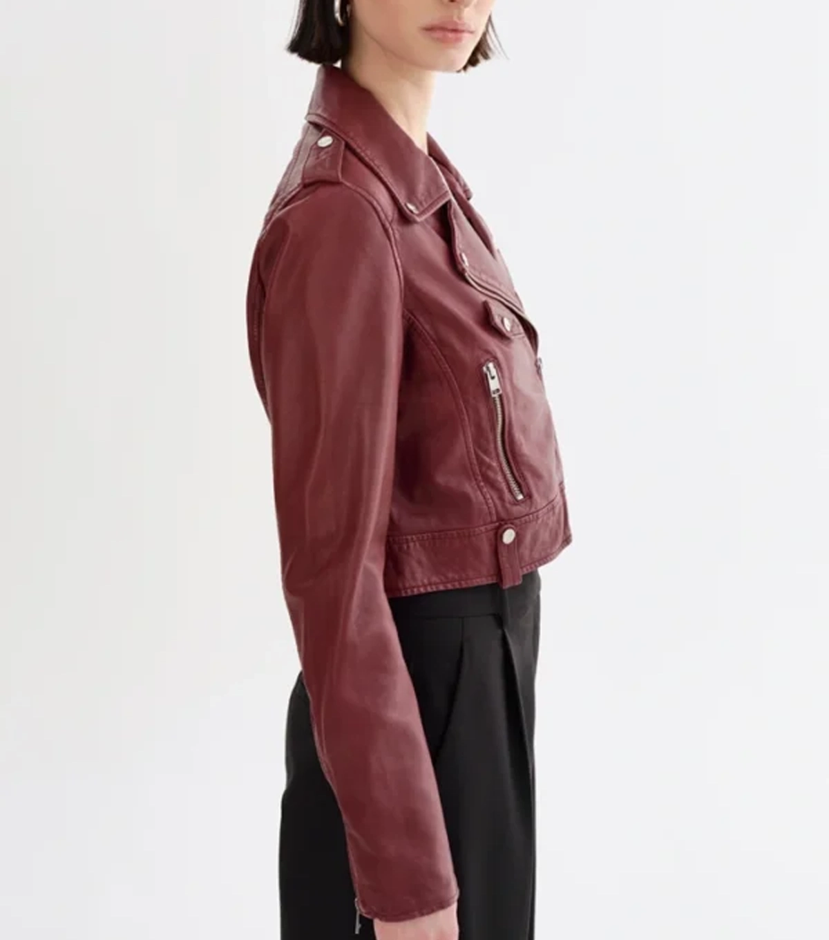 Reece Womens Burgundy Biker Real Lambskin Leather Jacket - Image 2
