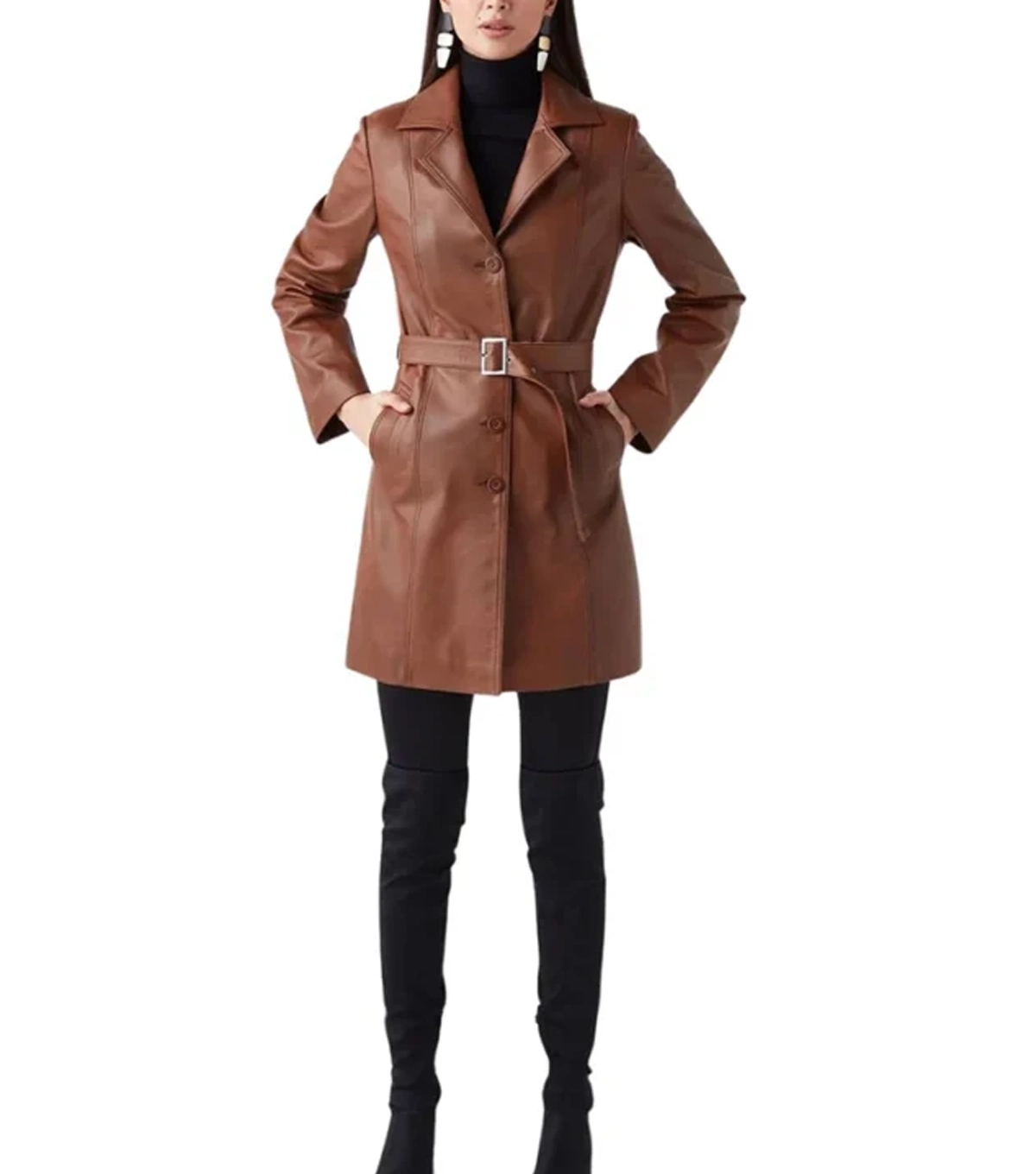 Rhett Womens Brown Leather Trench Coat - Image 4
