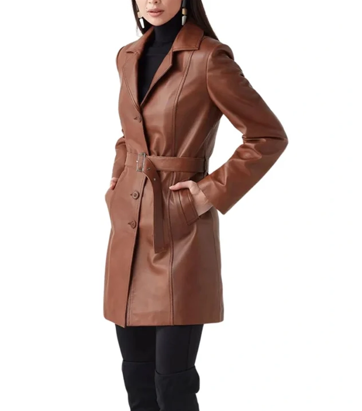 Rhett Womens Brown Leather Trench Coat - Image 3