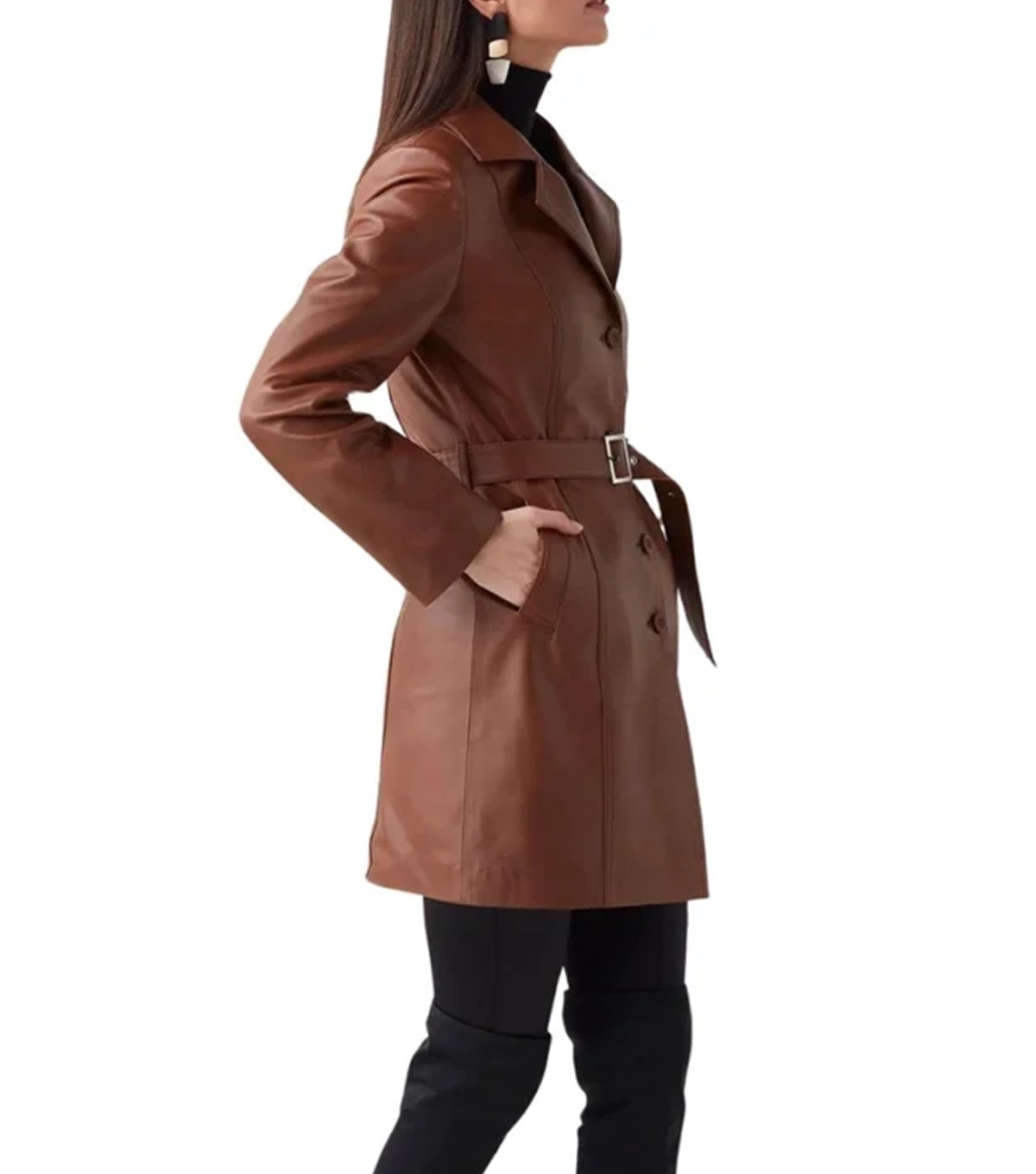 Rhett Womens Brown Leather Trench Coat - Image 2