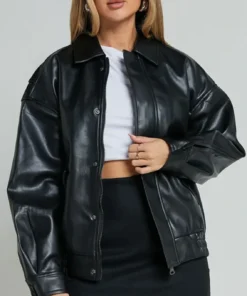 Teressa Womens Oversized Black Leather Bomber Jacket
