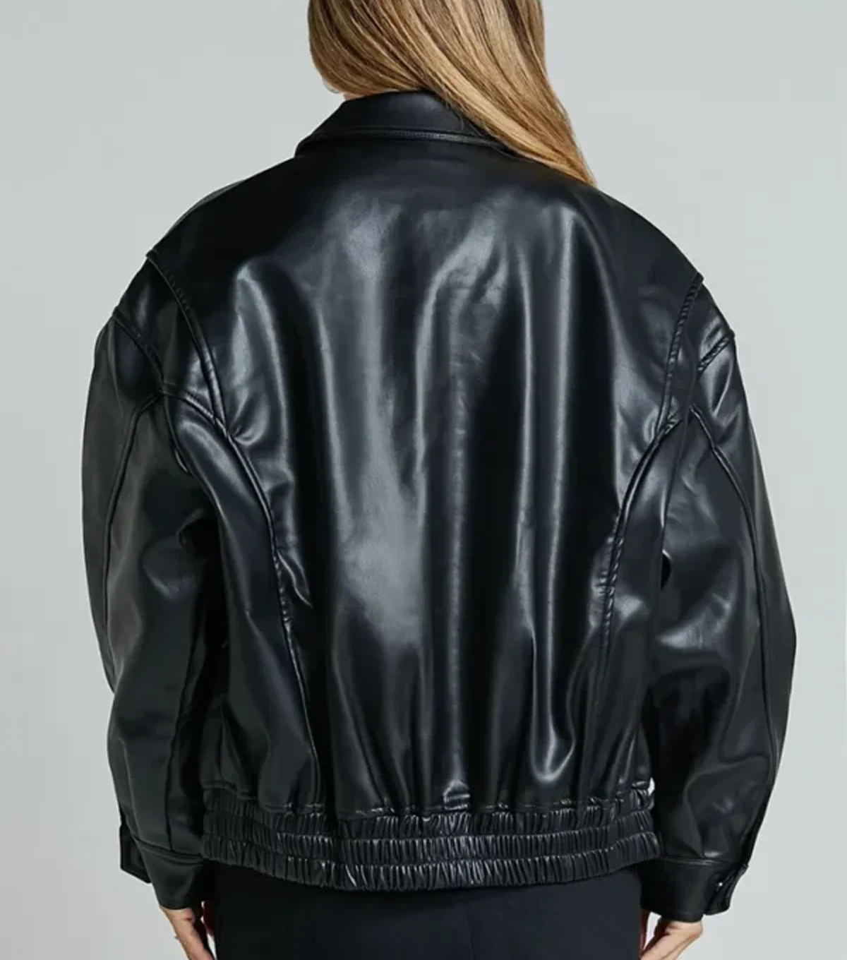 Teressa Womens Oversized Black Leather Bomber Jacket - Image 3