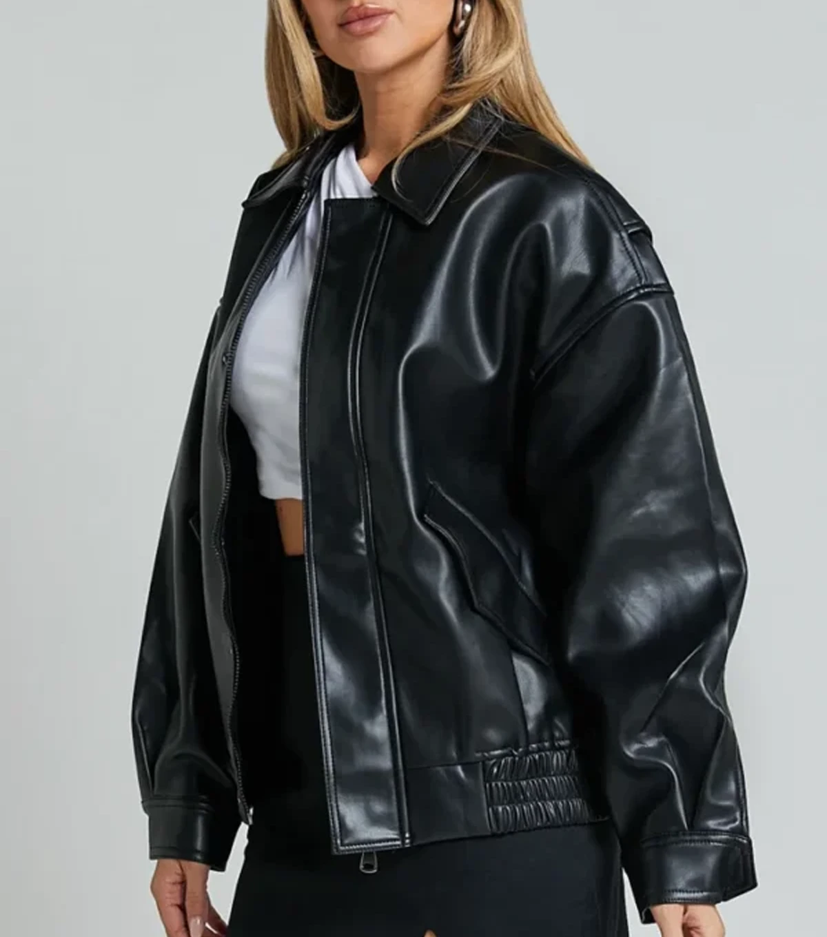 Teressa Womens Oversized Black Leather Bomber Jacket - Image 2