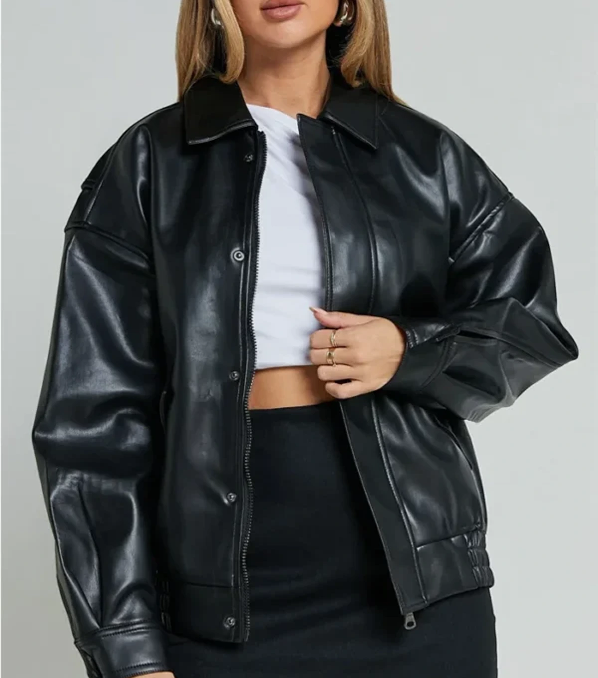 Teressa Womens Oversized Black Leather Bomber Jacket