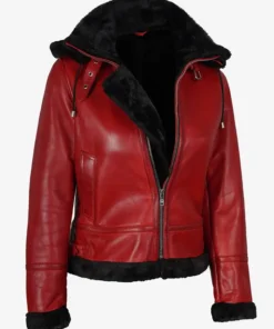 Trinity Womens Black Shearling Leather Hooded Bomber Red Jacket