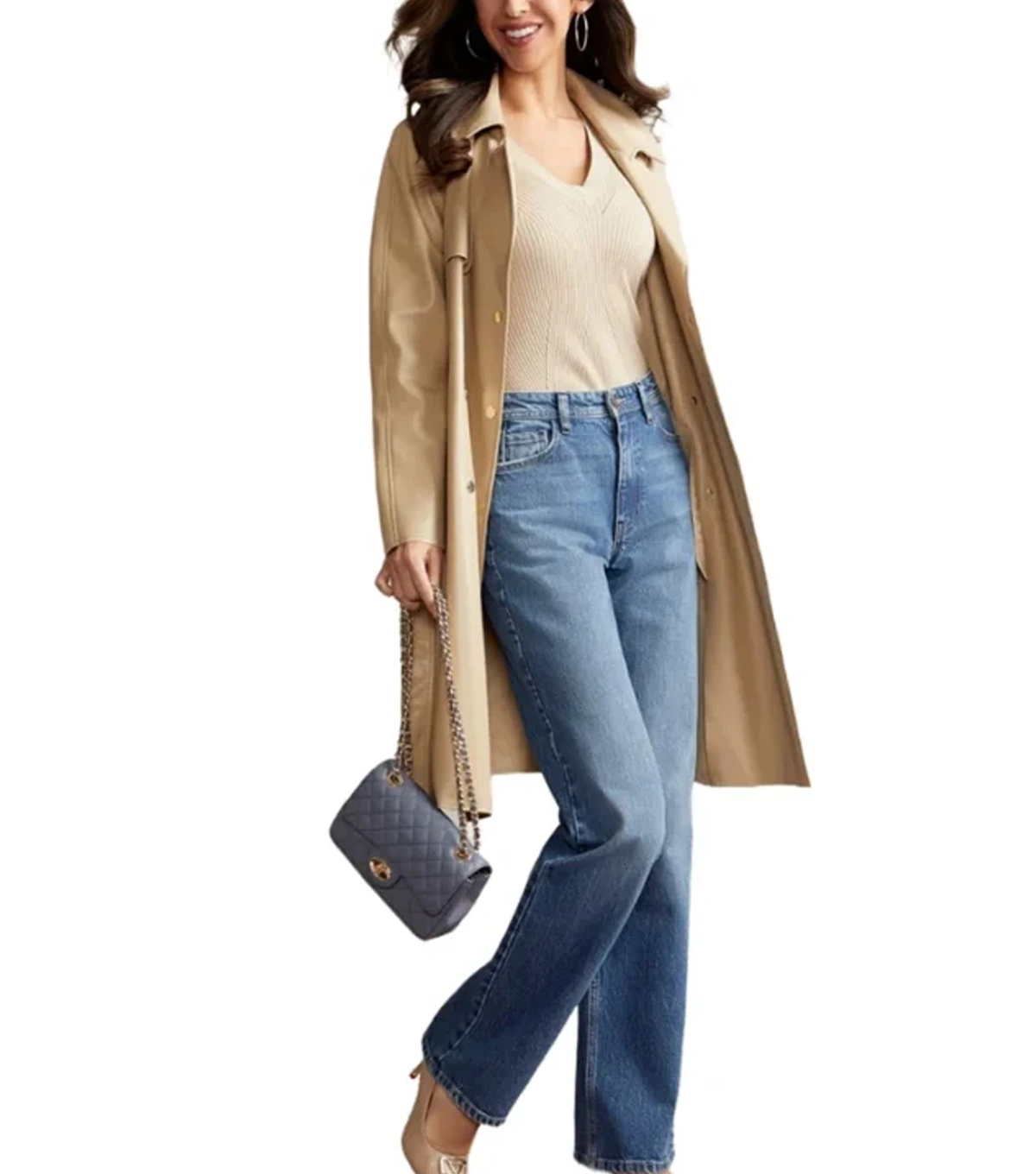 Zitavia Womens Beige Leather Trench Coat - Image 3