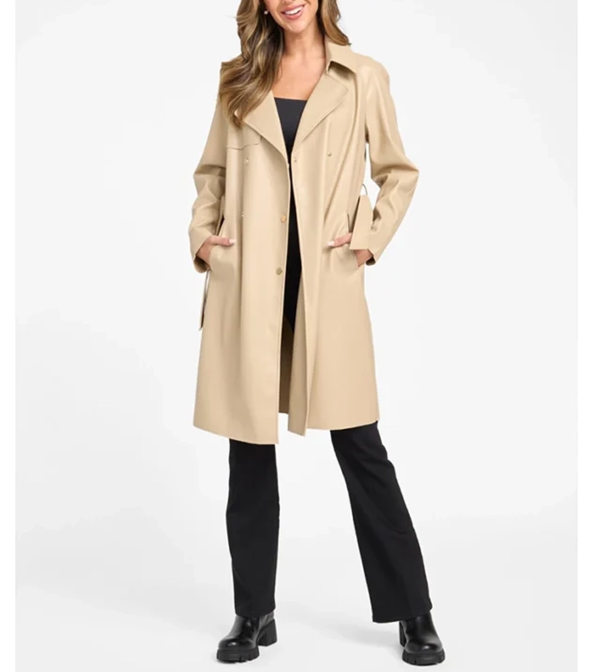 Zitavia Womens Beige Leather Trench Coat - Image 2