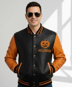 Alternative view of Halloween Pumpkin Varsity Bomber Leather Jacket