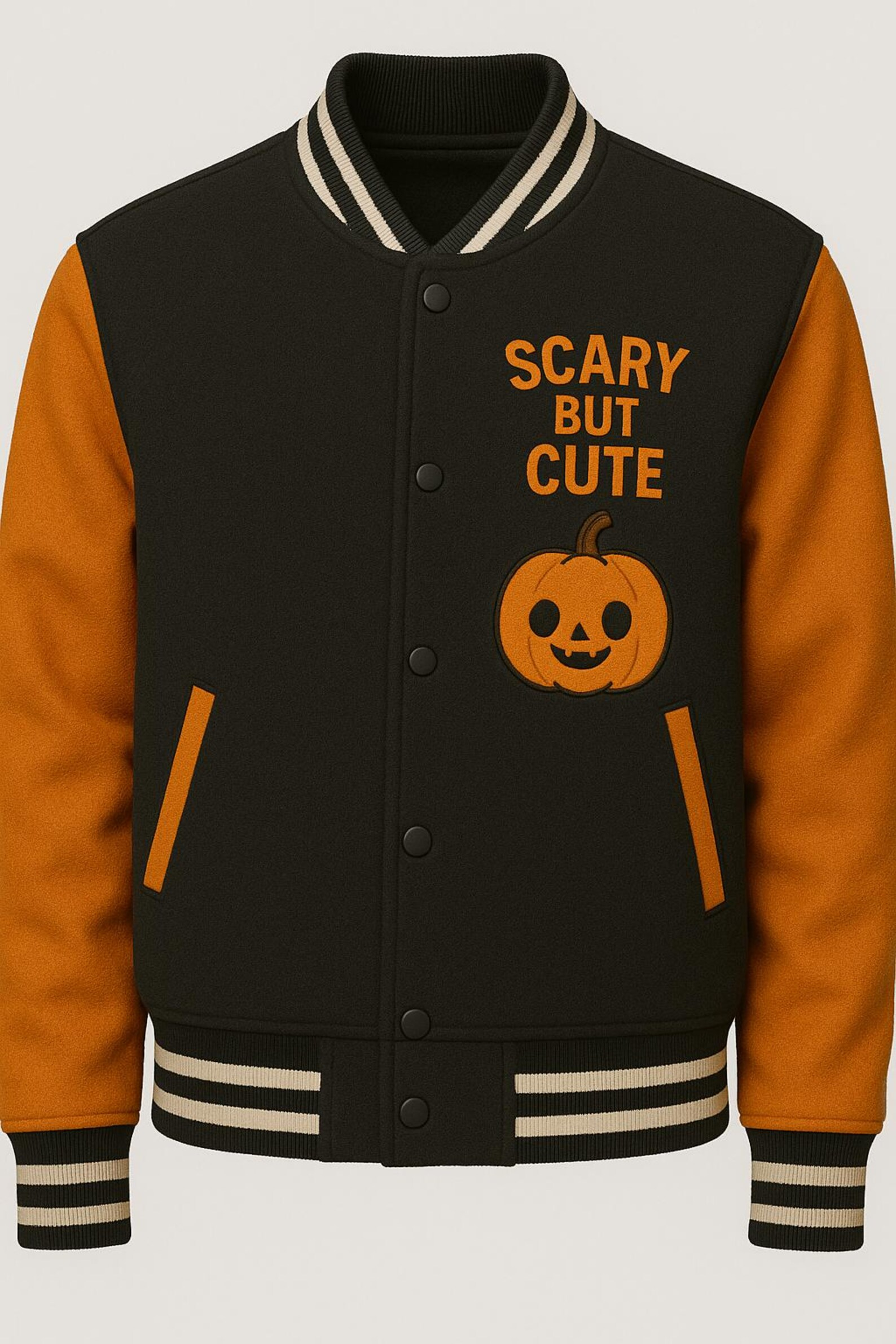 Scary But Cute Pumpkin Halloween Letterman Jacket - Image 2
