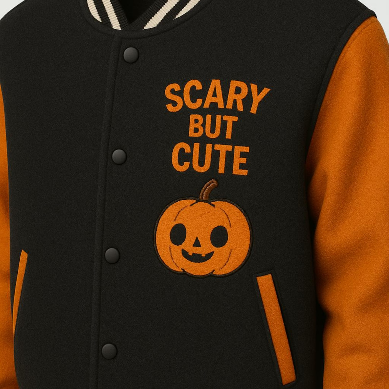 Scary But Cute Pumpkin Halloween Letterman Jacket - Image 3