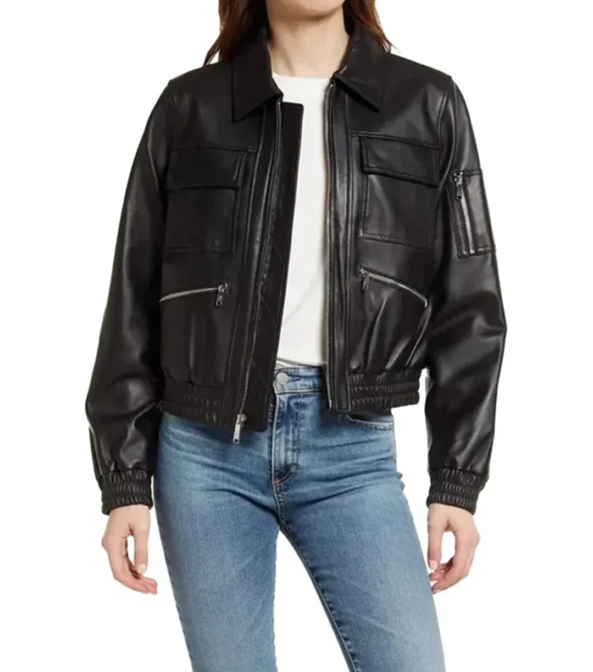 Cole Womens Aviator Black Bomber Leather Jacket - Image 3