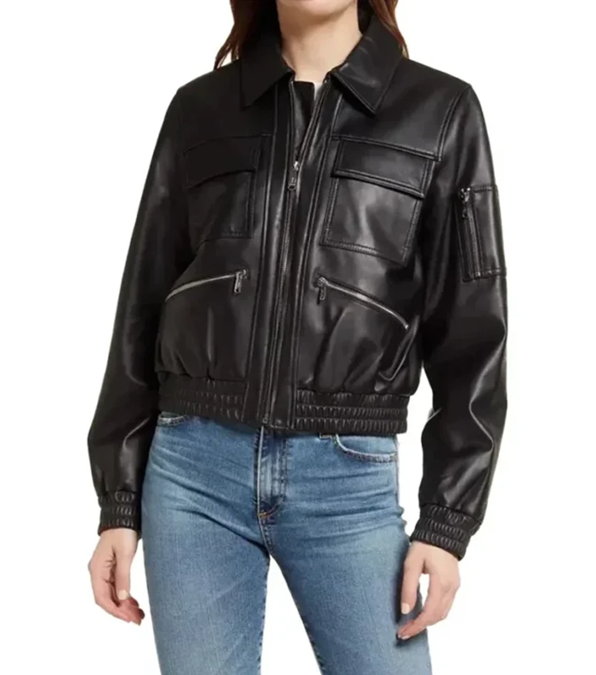 Cole Womens Aviator Black Bomber Leather Jacket