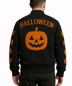 Halloween-Pumpkin-Embroidered-Black-Wool-Bomber-Jacket