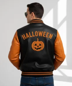 Halloween Pumpkin Varsity Bomber Leather Jacket