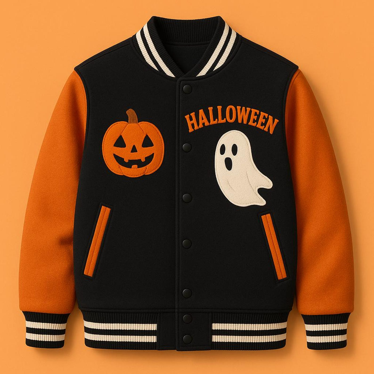 Pumpkin Ghost Spooky Halloween Varsity Jacket - Image 3