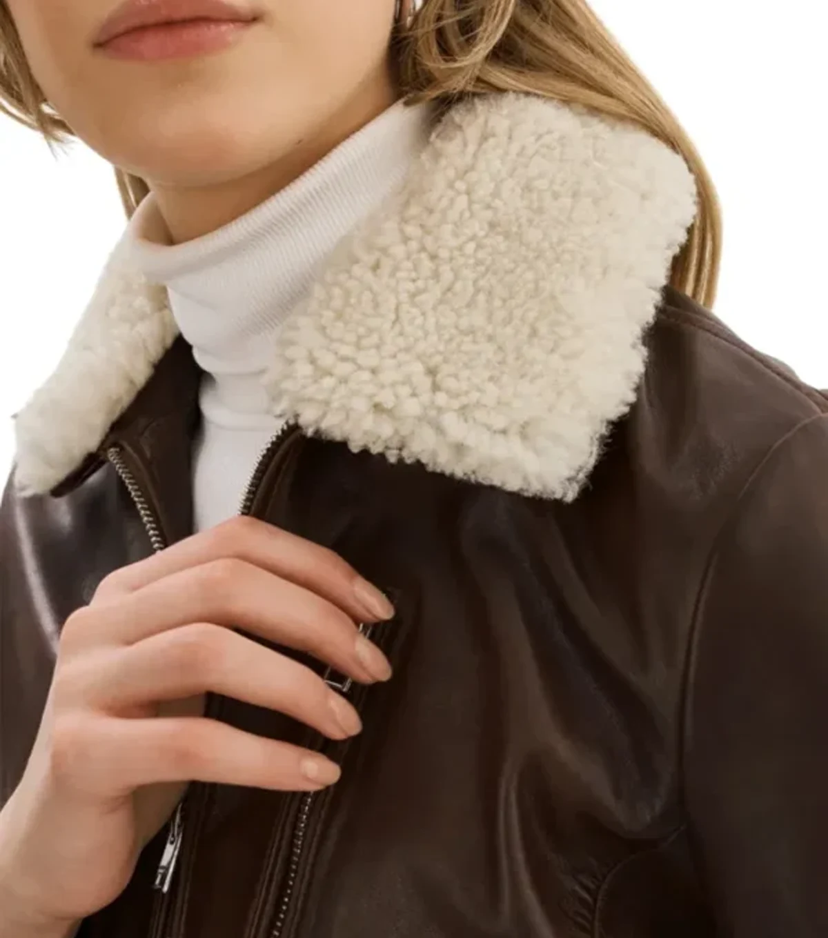 Shania Womenss Fur Collar Bomber A1 Aviator Brown Leather Jacket - Image 4