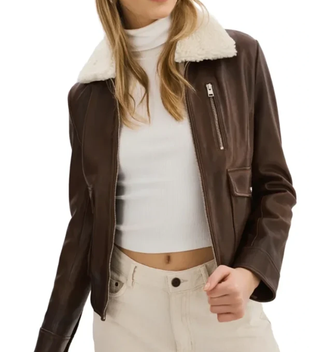 Shania Womenss Fur Collar Bomber A1 Aviator Brown Leather Jacket - Image 2